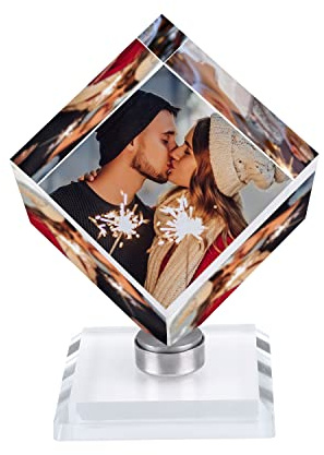 Cadre Photo en Verre Personnalisé avec 3 Votre Photo ou Image, DIY Cube de Rubik Personnalisé Cristal Plaque de Support Photo Cadeau pour Saint Valentin Anniversaire Noël Fête des Mères/Pères