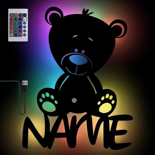 Namofactur personalisierte Bärchen-Wandlampe aus Holz mit RGB | Mit Wunschname, USB-Anschluss, Fernbedienung und optionalem Netzteil sowie in verschiedenen Farben wählbar