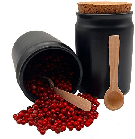 mikken 2 Keramik Gewürzdosen schwarz rund 200 ml mit Kork-Deckel inkl. Dosierlöffel und Etiketten