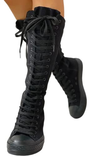 Minetom Damen Hohe Schnüren Leinwandstiefel Lange Segeltuch Stiefel Weiß Schwarz Leinenschuhe Reißverschluss Hohe Segeltuchschuhe A Schwarz 40 EU