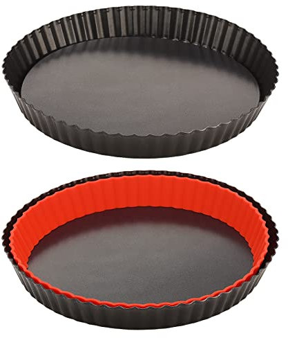 NLDGR Teglie per crostate con fondo rimovibile, 2 confezioni da 22,9 cm antiaderenti in silicone per torte da forno per torte di quiche, teglie con bordo scanalato