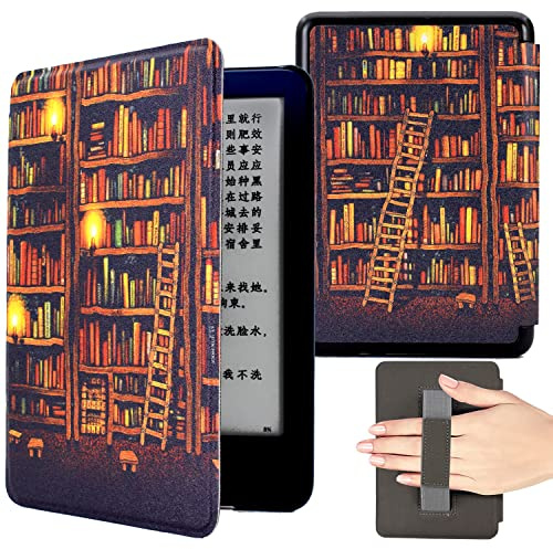 KEROM Hülle für 6 Neuer Kindle (11. Generation, 2024/2022), schlanke leichte PU-Lederhülle mit Handschlaufe und Auto Wake/Sleep für Kindle 2024/2022 11. Generation e-Reader, Bibliothek