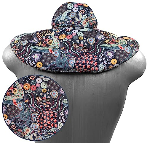 Coussin de nuque bio avec col montant - Tissu bio sous l´océan - Coussin aux grains d´épeautre bio - Confortable coussin thermique 2 en 1 pour la nuque Chaud/Froid