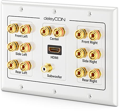 deleyCON Prise Murale Multimédia Haut-Parleur Enceinte Boîtier de Raccordement Plaque Murale avec Prises Banane & 1 Prise HDMI pour Surround Sound System 7.1 et Subwoofer Home Cinéma