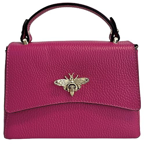 Modarno Petit sac à main pour femme en véritable cuir avec fermeture en forme d'abeille 20x7x14 cm, fuchsia