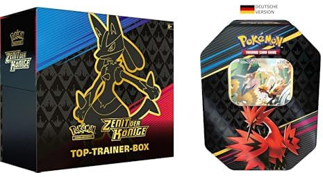 PoKéMoN-Sammelkartenspiel Top-Trainer-Box Zenit der Könige (Boosterpacks & Premium-Zubehör) & Sammelkartenspiel: Tin-Box Zenit der Könige – Galar-Zapdos (1 holografische Karte & 4 Boosterpacks)