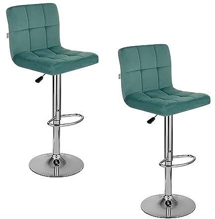 Baroni Home gepolsterter Barhocker oder Küchenhocker, verstellbar und drehbar um 360°, mit Rückenlehne und Fußstütze, Gestell aus verchromtem Stahl, Petroleum Samt, 2 Stück