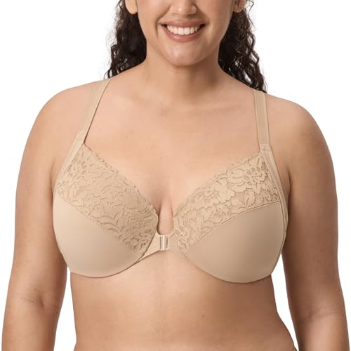 DELIMIRA Kvinnors Främre Stängning Plus Size Full Täckning Spets Bygel Racerback Bh Warm Beige 90D