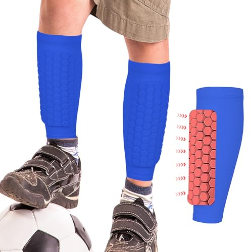 BoloShine 1 par fotbollsskenbensskydd ärmar med skumstoppning, fotboll shin Pads strumpor elastiska Shin Guard strumpor halkfria benskydd för barn vuxna (blå)