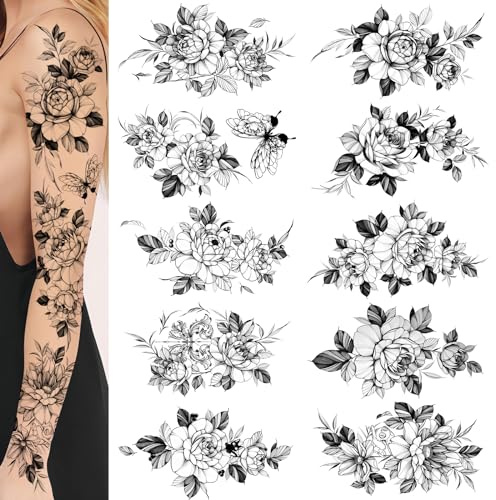 Tillfälliga tatueringar för kvinnor, extra stora blommiga tillfälliga tatueringar, utsökta och sexiga tillfälliga tatueringar, kvinnor armtatueringar, lår och rygg ros falska tatueringsärmar (Ser 3)