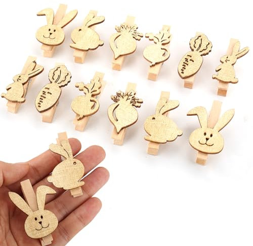 YIEUR 12 mini mollette da bucato in legno sostenibile, coniglio con forma di barbabietola, 5 cm, coniglietti pasquali, mollette decorative in legno con motivo per foto e bomboniere fai da te