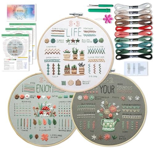 QUANMAITONG Stickset für Erwachsene - Blumenmuster Pflanzen Stickerei für Anfänger, Embroidery Kit, Stick And Poke Set, Stickbilder mit Holzrahmen, DIY Kreuzstich