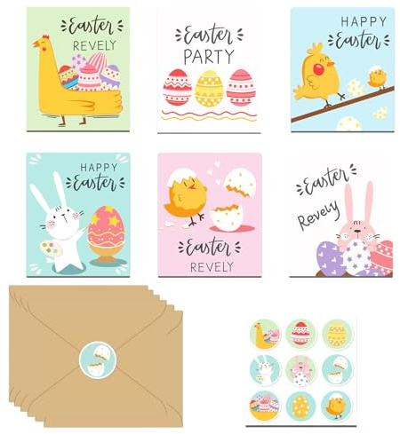 6 Pezzi Cartoline Pasquali Set con Buste e Adesivi, Biglietti Pasquali con Motivo Primaverile, Conigliett Cartoncini Auguri Pasquali per Essere Perfette per i saluti Personali e di Pasqua