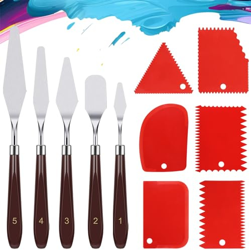 Hejo 11 Stück Spachtel Set Acrylmalerei, Palettenmesser Acrylmalerei Set | 5 Stück Edelstahl Malmesser ＆ 6 Stück Plastik Zahnspachtel für Strukturpaste, Aquarell, Ölgemälde, Gouache