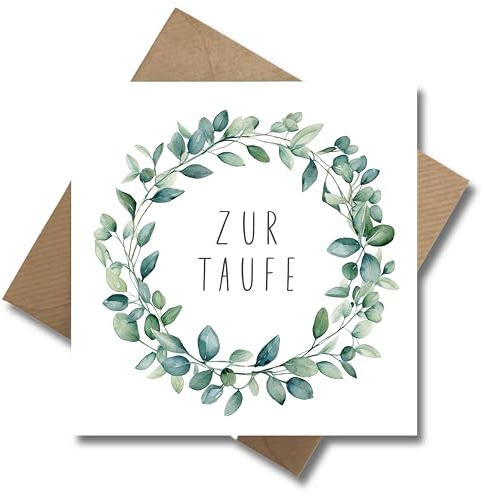 WBdesignz Taufe Karte mit Umschlag - Taufgeschenk - schlichte Glückwunschkarte - moderne Taufkarte mit Eukalyptus Blätterkranz - Familie Taufpaten Jungen & Mädchen (125 x 125 mm)