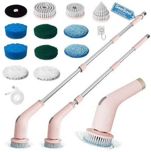 GeeSoul Electric Spin Scrubber, 13 in 1 Electric Cleaning Brush, Large Power with 2 Adjustable Speeds, Shower Cleaner Brush for Bathroom, Tub, Toilet, Kitchen (Pink)