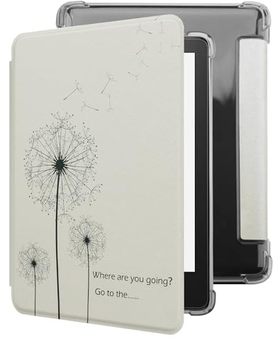 WALNEW Hülle für 6,8 Kindle Paperwhite 11. Generation 2021 & Signature Edition, Transparent Weiche Flexible TPU Rückseite Schutzhülle mit Auto Schlaf/Wach PU-Leder Smart Cover (Löwenzahn)