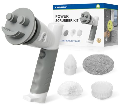 LANMU Electric Cleaning Brush, Electric Scrubber Sponge Wand with 5 Replaceable Brush Heads, Handheld Cordless Electric Spin Scrubber for Cleaning Oven Stove Sink Bathtub Tile Glass