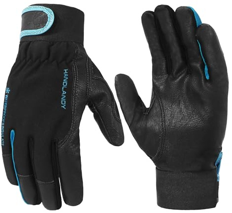 HANDLANDY Herren Thermal Winter Leder Arbeitshandschuhe, Wasserdicht Kaltes Wetter Arbeitshandschuhe für Autofahren, Wandern, Laufen, Outdoor-Arbeit (Schwarz-Blau, M)