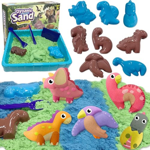 VBACALA Kit Sabbia Dinosauri per Bambini- Set Completo con 500g Sabbia + 8 Dinosauri, Gioco Sensoriale Educativo per Bambini 3-6 Anni, Regalo per Ragazzi e Ragazze