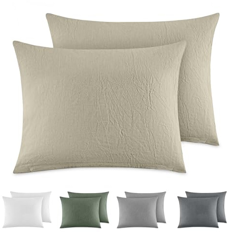 Dreamzie Funda Almohada 40x60 cm (Juego de 2), 100% Algodón Lavado Color Beige, Aspecto de Lino y Transpirable, Funda de Almohada con Cremallera
