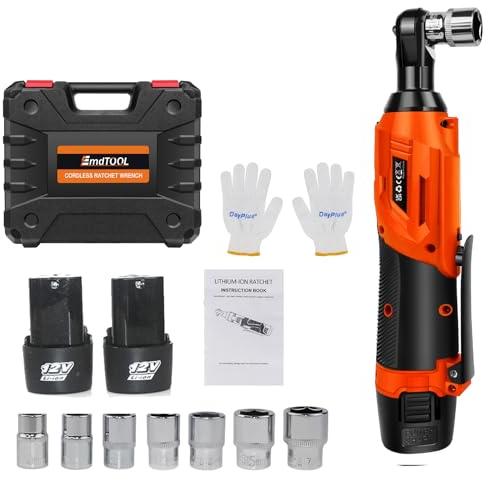 DayPlus Llave de carraca inalámbrica con batería de 12 V con 2 baterías de iones de litio de 1,5 Ah y cargador rápido, 2300 RPM, 40 Nm, llave de carraca eléctrica con 7 enchufes, color naranja