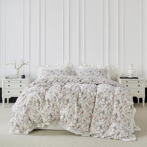 YuHeGuoJi Burnt Orange Floral Ruffle Duvet Cover King 100% Cotton 3 Pcs Set