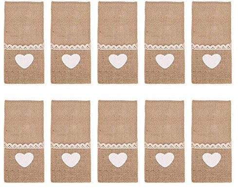 OUCRIY 10 Stück Besteckhalter aus Jute-Spitze, Sackleinen, Messer, Gabel, Taschenbeutel für Hochzeit, Weihnachten, Party, Dekoration (Bestecktasche „True Colour of Love“.)