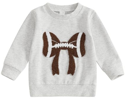 Karuedoo Toddler Baby Girl Football Outfit Football Bow Embroidery Crewneck Pullover Sweatshirt Long Sleeve Shirts Fall Tops (Gray, 6-12 Months)