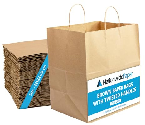 Nationwide Paper 30pcs Extra Large Plus Brown Paper Bags with Handles, Gift Bags DIY, Sweet Bag with Strong Twisted Handle for Party, Thanksgiving, Christmas, Birthday, Wedding (32x22x28cm)
