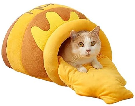 GAOCUNBING Lit d'hiver chaud pour chat, en forme de pot de miel, sac de couchage pour chat avec coussin amovible, tapis confortable en mousse à mémoire de forme lavable pour petits chats A