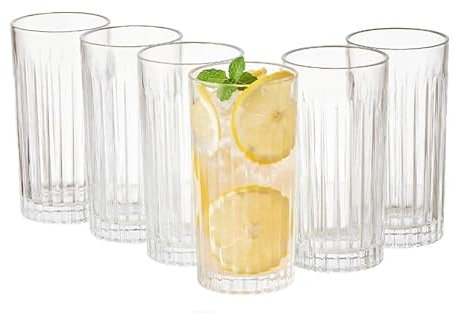 Eden & Willow Luxe Striped Highball Glasses (Set of 6) - Premium Durable Glassware for Cocktails, Mocktails, and Beverages | Stylish, Dishwasher Safe Ribbed Tumblers (6, 450ml)
