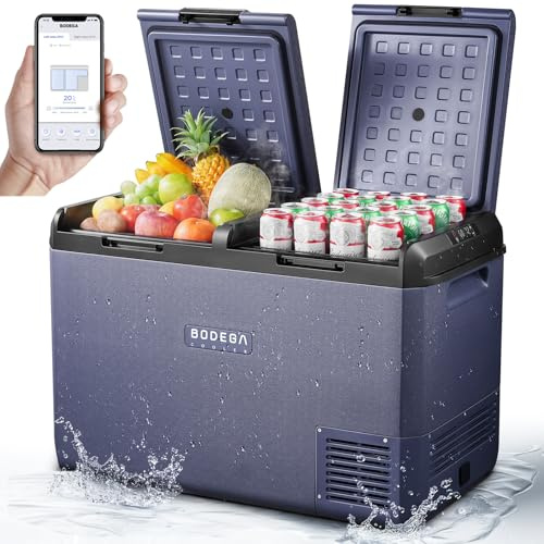 BODEGACOOLER 12 volt kylskåp, 100QT (95 L) IPX4 vattentät elektrisk kylare, bilkylskåp dubbelzon APP-kontroll med 12/24 V DC 110-240 V AC, -40 °F~20 °F, bärbar frys för camping, resor, husbil