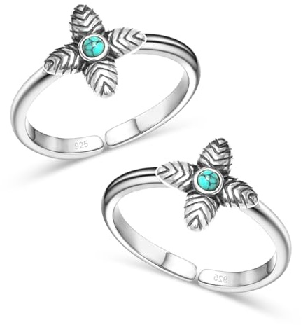 LeCalla Anelli per dita dei piedi da donna, in argento Sterling 925, aperti e regolabili, con turchese floreale, gioielli da donna