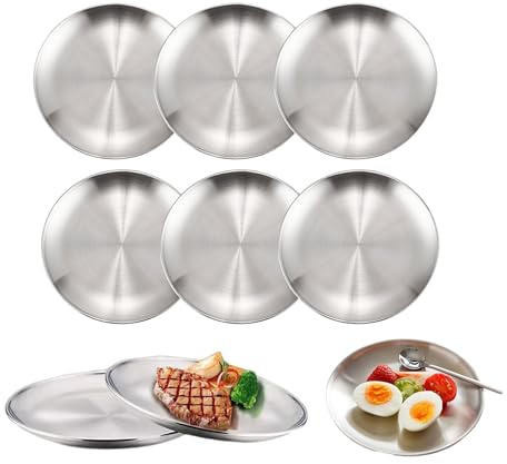 ZHYUAN 6 piezas 20 cm PlatoRedondosdeAceroInoxidable,platos redondos de metal,vajilla redonda de acero inoxidable,Platos Redondos en Acero Inoxidable,platos acero,plato acero inoxidable