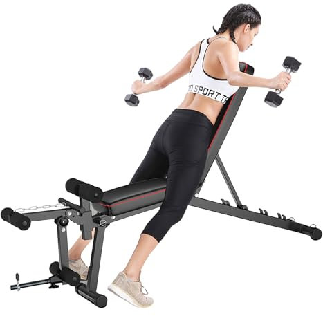 Hantelbank Klappbar Mit Beincurler & Beinstrecker –5-fach Verstellbare Schrägbank, Multifunktions-Trainingsbank Für Zuhause Mit Zugseil Für Ganzkörpertraining, Sit-ups & Krafttraining