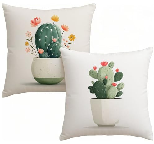 Cuscini da Esterno Set di 2 Bianco Impermeabili Cuscini per Divano 80x80 cm, Cactus Copricuscini Velluto Quadrati Moderni Decorativi Cushion Covers per Soggiorno Balcone Divano Giardino Patio T-8