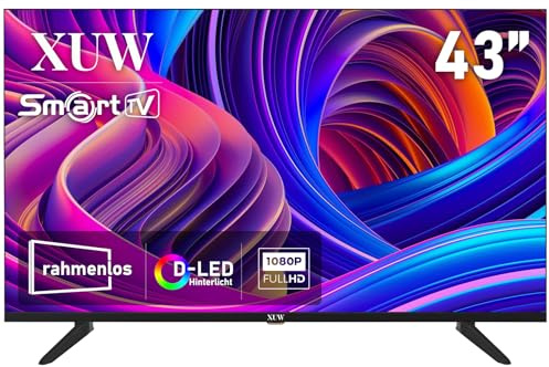 XUW 43-Zoll Full HD Smart TV, D-LED-Hintergrundbeleuchtung Fernseher, randloses Design, HDMI, USB, DVB-T2/S2, RJ45-Anschluss, großer Bildschirm für Wohnzimmer, Schlafzimmer, Heimunterhaltung - schwarz