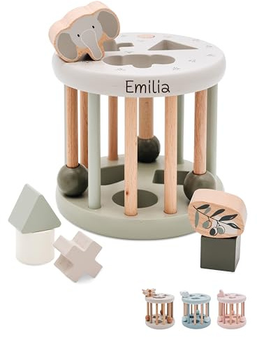 wunderwunsch Personalisiertes Formen-Sortier-Rad aus Holz - Montessori Würfel - Baby Motorikspielzeug ab 1 Jahr - Kinderspielzeug Motorik Lernen (Olive, mit Name)