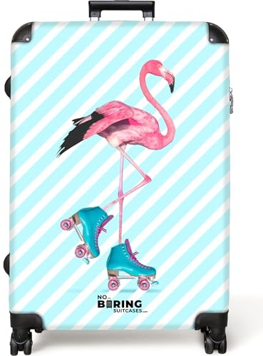 NoBoringSuitcases.com® Koffer XL Groß 77x51.5x28 cm Reisekoffer mit 4 Rollen Leicht Trolley Hartschalenkoffer Suitcase Large Muster - Streifen - Flamingo