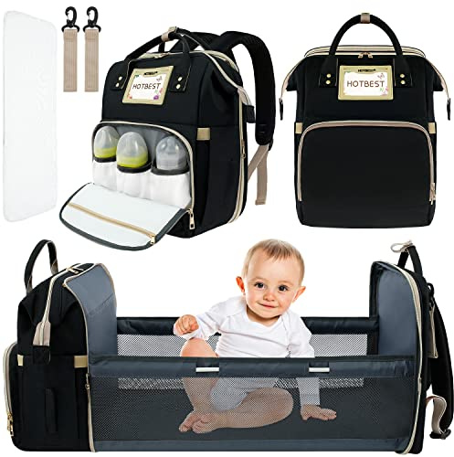 Eyoulife Wickelrucksack mit Bettfunktion Stabil, Trocken Nasstrennung, Wickeltasche Rucksack Multifunktions mit Isolierte Tasche Windelunterlage Kinderwagenhaken für Mama Papa (Schwarz)