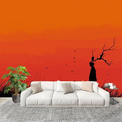 Dormitorio Papel Pintado Silueta Simple de Puesta de Sol Pared Panorámico 400x280 cm Naranja Rojo Fotomurales No Tejido, Póster Gigante de Pared Personalizado 3D Para Salón Fotomurales