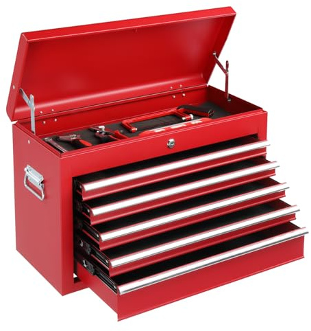 Karl home 5 Drawer Tool Chest, Portable Toolbox Storage Cabinet, Red | Carry Handle, Top Case, Ball Bearing Runners, Lockable Metal Hand Tool Box for Garage, Warehouse, Repair Shop & Home
