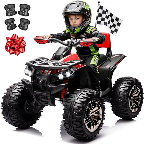 JORFLY 24V Kids ATV 4 Wheeler w/Remote Control, 9AH Battery Powered Electric Car w/ 3 Speeds, Shock Absorbers, Bluetooth, 2-Seater Quad for Kids Ages 3-8, Red