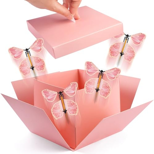 Scatola Sorpresa, Rosa Scatole Regalo Esplosiva, 15x14,8x12,5cm Funny Confezione Regalo di Esplosione di Farfalle, Scatola Regalo Farfalle, per Compleanno, Anniversari, San Valentino, Matrimoni