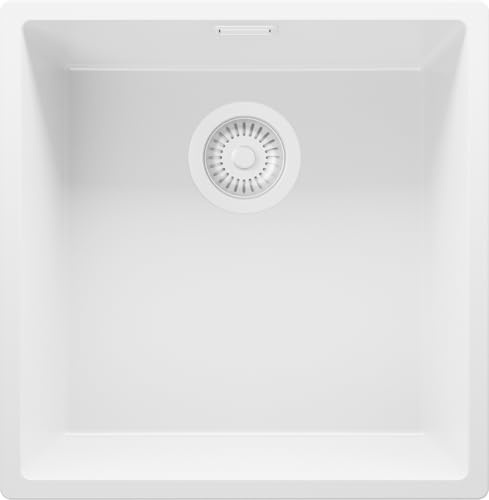 PRIMAGRAN Fregadero bajo Encimera al Mueble 50cm + Kit de desagüe, 46x47cm | Set: Kit de desagüe (sifón, válvula, rebosadero) + London 1 Seno para Cocina, Todo Blanco