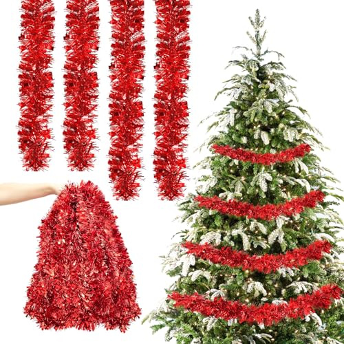 6 Stück Weihnachten Lametta Girlande, 2M Lametta Weihnachtsdeko Girlanden, Glitzer Girlande Weihnachtsbaum Dekoration, für Weihnachten Party Weihnachtsbaum Outdoor Deko (Rot)