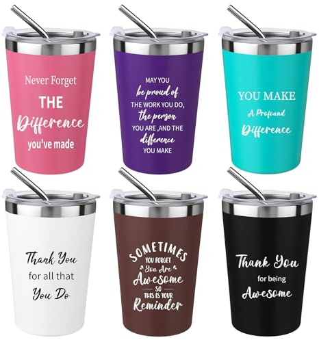 CNSJ 6 Sets 12 OZ Appreciation Gifts Stainless Steel Cup Travel Tumbler with Straw and Lid Inspirational Insulated Mug Bulk for Women Coworker Teacher Friends