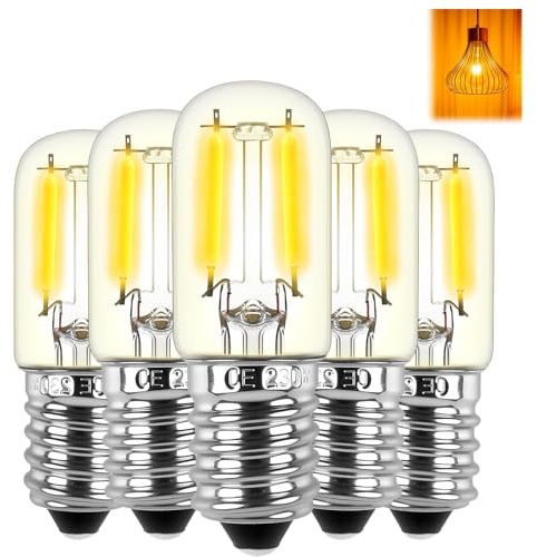 RTDHO T22 E12 LED Light Bulbs 1W Warm White 2700K, SES Small Screw Night Light Bulb Mini Tubular E12 LED Filament Bulbs 15W Equivalent Energy Saving Bulb for Fridge Salt Lamp Cooker Hood 5 Pack