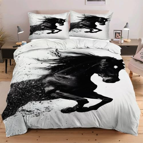 Fotmung Housse de Couette 240x260 cm Animal Cheval, Ensemble de Linge de Lit 3 Pièces, Résistant à l'usure et avec Sangles aux 4 Coins pour Fixer la Couette, Évite Le Glissement W252